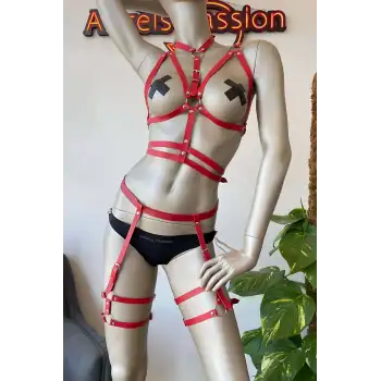 Kırmızı Fantezi Deri Jartiyer Harness Takım