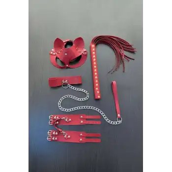 Kırmızı Fantezi Set, Kırbaç - Kelepçe - Tasma - Maske Takım - APFT1246