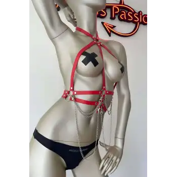 Kırmızı ve Zincir Detaylı Şık Deri Harness - APFT3