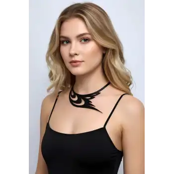 Kuş Kanadı ve Göz Detaylı Şık Deri Choker, Deri Kolye - APFT1414