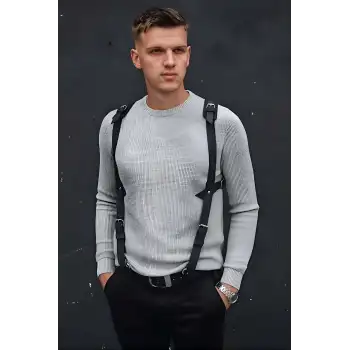 Omuz Detaylı Şık Erkek Deri Harness, Erkek Gömlek Üzeri Aksesuar - APFTM135