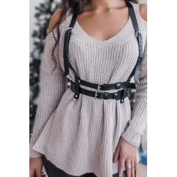 Omuzdan Askılı Püskül Detaylı Elbise Üzeri Şık Deri Bel Korse Kemer APFT638