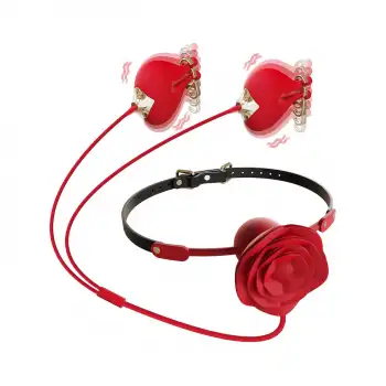 Pembe Tilki Gül Tasarımlı Ağız Tıkacı ve Titreşimli Meme Kıskaç Seti