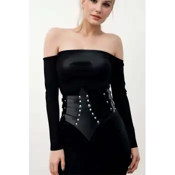 Perçin Detaylı, Şık Elbise Üzeri Deri Korse Kemer, Elbise Kemeri - APFT1087