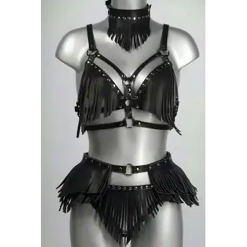 Püskül Detaylı Şık Deri Harness Takım - APFT627