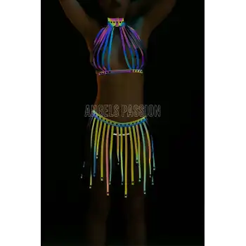 Püsküllü Renkli Reflektörlü Fantezi Elbise - Sexy Harness İç Giyim - APFT584