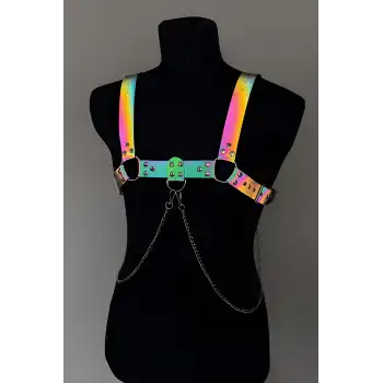 Rainbow Reflektörlü (Karanlıkta Parlayan) Zincir Detaylı Şık Erkek Göğüs Harness, Reflektörlü Clubwear - APFTM109