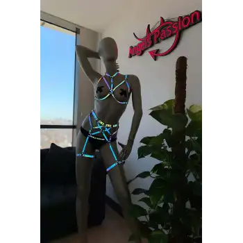 Reflektörlü İç Giyim Fantazi Harness Jartiyer Takım