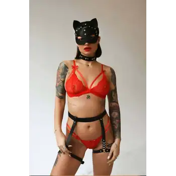 Seksi Deri Maske Tasma Ve Jartiyer Harness Takım - APFT783