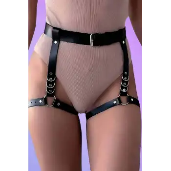 Seksi Deri Siyah Jartiyer Harness - APFT812