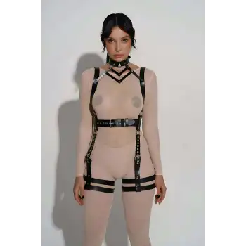Şık Deri Body Harness, Tasma ve Kemer Detaylı Harness  - APFT1301