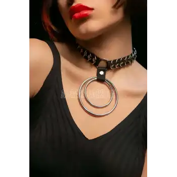 Şık Elastik Choker - Halka Detaylı Lastik Kolye - Şık Lastik Choker Harness - APFT576