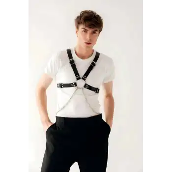 Şık Zincir Detaylı Deri Erkek Göğüs Harness - APFTM95