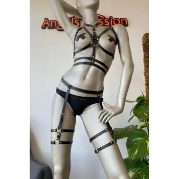 Siyah Deri Fantezi Jartiyer Harness Takım - APFT455