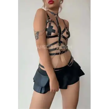 Siyah Deri Korse Harness Takım - APFT299