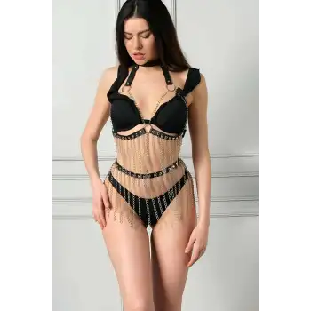 Siyah Deri Zincirli Harness Takım - APFT504