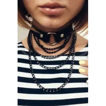 Siyah Zincir Detaylı Deri Choker - APFT664