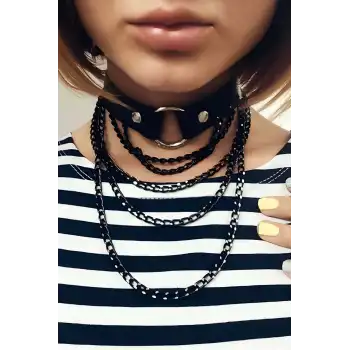 Taşlanmış Siyah Zincirli Tasma - APFT308