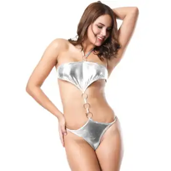 Tegan Büyük Beden Fantezi Önü Halkalı  Seksi Gümüş Lame Babydol TG2710126