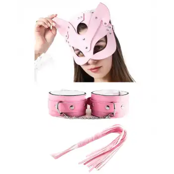 Tegan Fantezi Deri Seksi Pembe Kedi Maske Kelepçe Kırbaç Seti ( 3lü set) TG275368