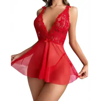 Tegan Fantezi Kırmızı Dantelli Transparan Tül Etekli Seksi Elbise Gecelik TG273267