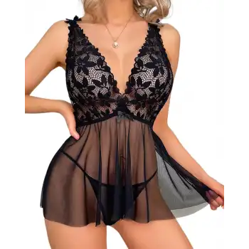 Tegan Fantezi Siyah Dantelli Transparan Tül Etekli Seksi Elbise Gecelik TG273265