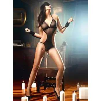 Tegan  Fantezi Siyah Maskeli Kelepçeli Seksi Tül Gecelik  TG273230