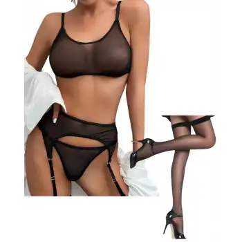 Tegan Fantezi Siyah Transparan Tül Jartiyer Takımı TG273263