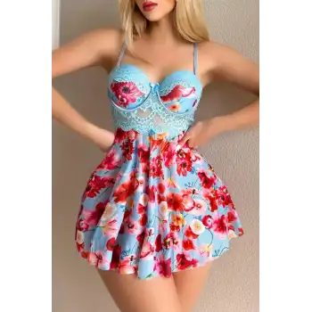 YNT Mavi Rüya Gecesi Çiçekli Askılı Mini Gecelik 15628