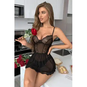 YNT Siyah Dantel Detaylı Transparan Gecelik 15732