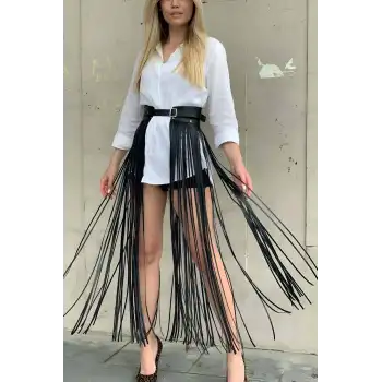 Yüksek Bel Şık Deri Püsküllü Seksi Etek - APFT1003