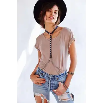 Zımba ve Zincir Detaylı Boyundan Askılı Deri Harness - APFT840