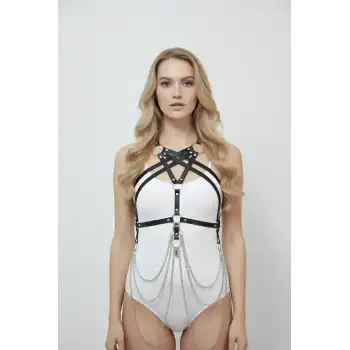 Zincir Detaylı Deri Göğüs Harness, Deri Fantezi Giyim, Elbise Aksesuar - APFT11