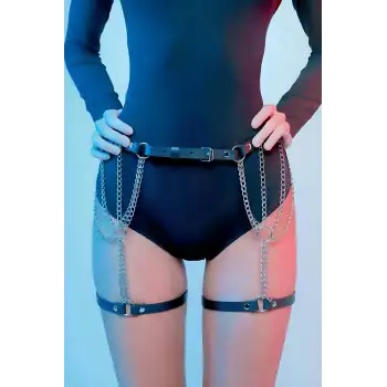 Zincir Detaylı Seksi Deri Belden Askılı Bacak Jartiyer Harness - APFT1323