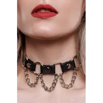 Zincir Ve Halka Detaylı Deri Choker Tasma Boyunluk Aksesuar - APFT662