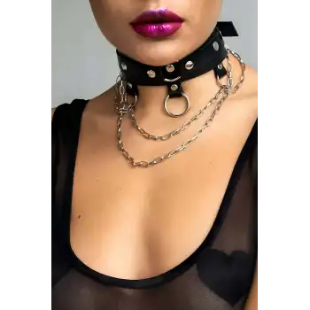 Zincir ve Halka Detaylı Şık Deri Choker Tasma Boyunluk Aksesuarı APFT654