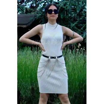 Zincirli Ayarlanabilir Şık Deri Kemer, Zincirli Elbise Kemeri - APFT729