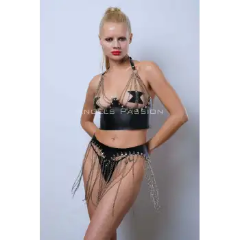 Zincirli Büstiyer Etek Takım, Şık Deri Etek ve Büstiyer - APFT994