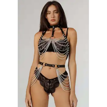 Zincirli Göğüs Ve Bel Detaylı Boyun Ve Arkadan Bağlamalı Harness - APFT701