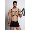 Kırbaç ve Çivili Choker Detaylı Erkek Fantazi Giyim, Deri Erkek Harness Takım - APFTM102