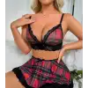 Tegan Fantezi Seksi Dantelli Ekose Sütyen Mini Etek Takım TG2710128