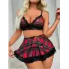 Tegan Fantezi Seksi Dantelli Ekose Sütyen Mini Etek Takım TG2710128