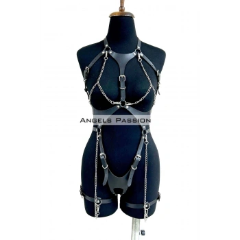 Deri Body Harness, Zincir ve Kelepçeli Fantezi İç Giyim - APFT1098