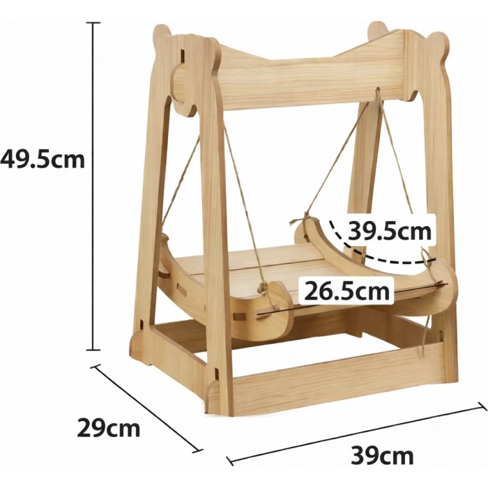 Pureza Ahşap Kedi Salıncağı & Oyun Platformu – Ponponlu, Doğal Ahşap Oyuncak