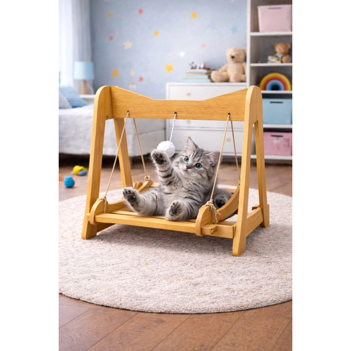 Pureza Ahşap Kedi Salıncağı & Oyun Platformu – Ponponlu, Doğal Ahşap Oyuncak