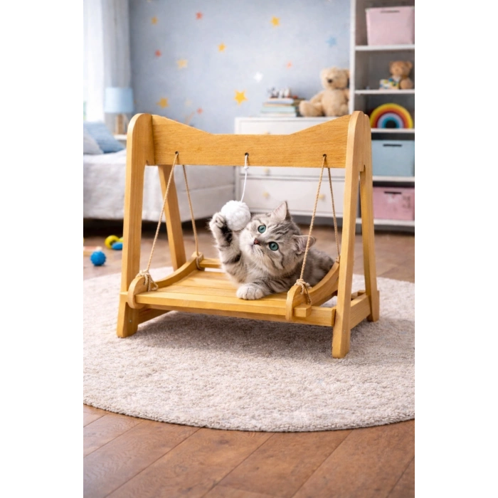 Pureza Ahşap Kedi Salıncağı & Oyun Platformu – Ponponlu, Doğal Ahşap Oyuncak
