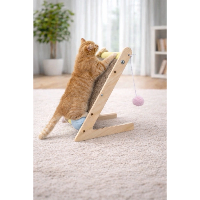 Pureza Ahşap Gövde Kedi Tırmalama Tahtası|   Oyun ve Tırmalama Platformu| Kedi Oyuncağı| Halat Sarımlı Toplu Oyun Alanı