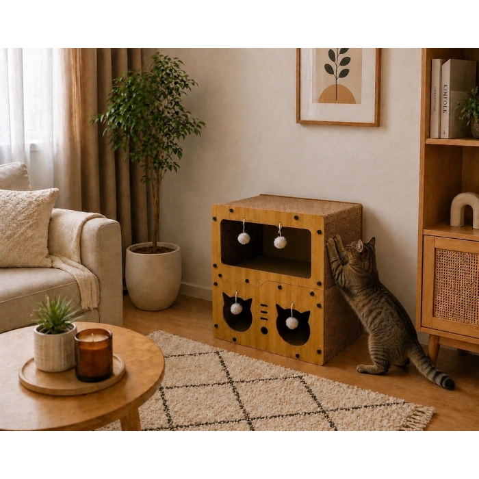 Pureza Ahşap Kedi Evi & Karton Tırmalama Alanı