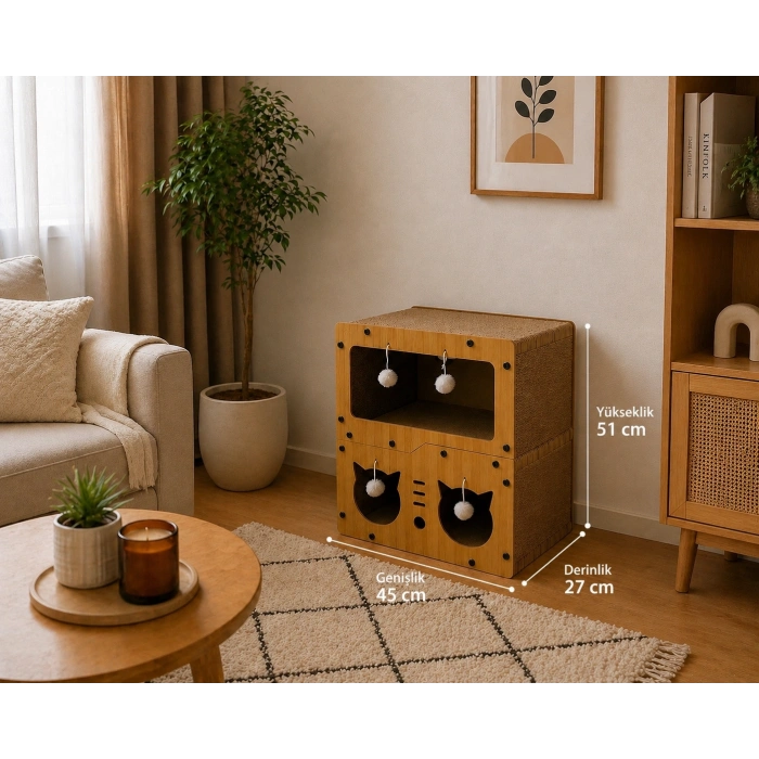 Pureza Ahşap Kedi Evi & Karton Tırmalama Alanı