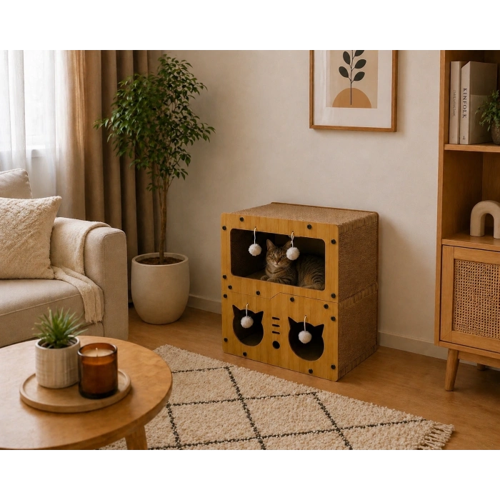 Pureza Ahşap Kedi Evi & Karton Tırmalama Alanı